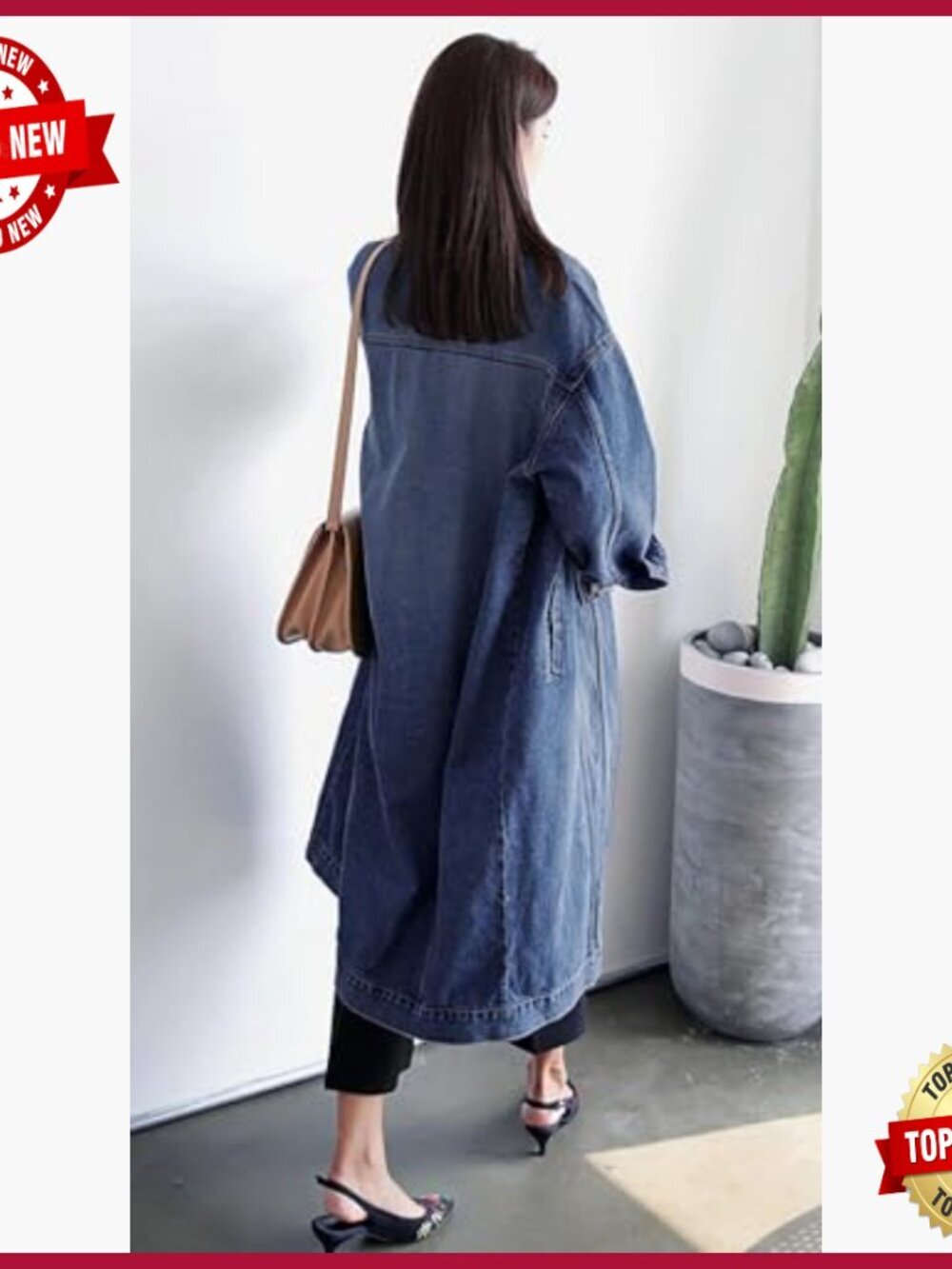 Plus Size Denim Trench Coat Long Sleeve Button Down Loose Fit Jacket - Picture 3 of 3